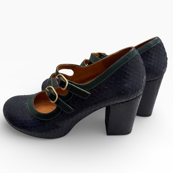 Chie Mihara blue and green snake skin leather pumps shoes 38.5